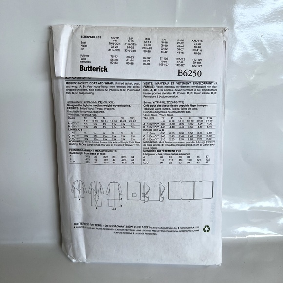 Butterick Sewing Shawl Collar Jacket Coat Poncho Snap Closure Wrap Pattern B6250 - Picture 4 of 5